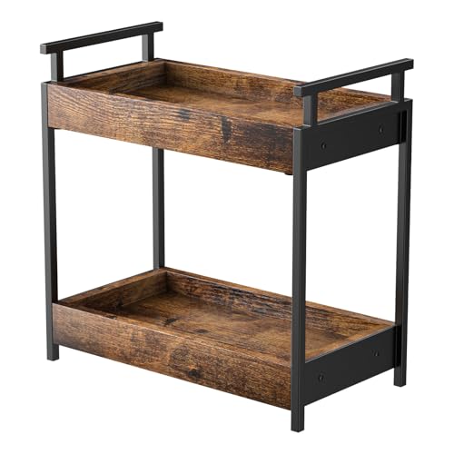 KLM Countertop Coffee Station Organizer, 2 Tier Wooden Shelf for Coffee Bar Accessories, Condiment Storage Caddy for Kitchen, Bathroom Counter Organizer, Home, Office - Brown - Image 1