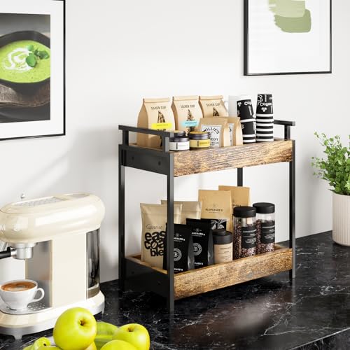 KLM Countertop Coffee Station Organizer, 2 Tier Wooden Shelf for Coffee Bar Accessories, Condiment Storage Caddy for Kitchen, Bathroom Counter Organizer, Home, Office - Brown - Image 3
