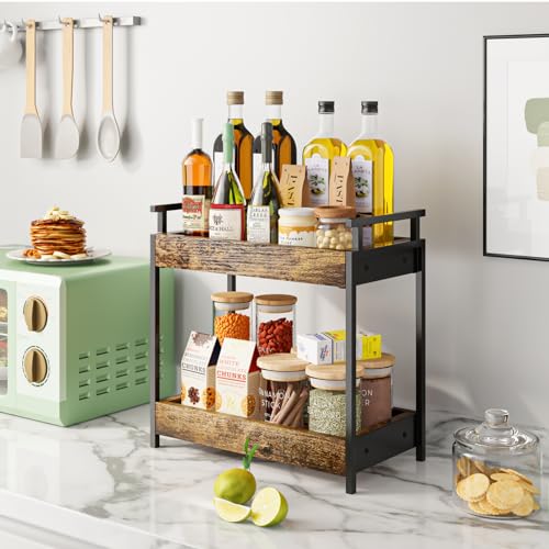KLM Countertop Coffee Station Organizer, 2 Tier Wooden Shelf for Coffee Bar Accessories, Condiment Storage Caddy for Kitchen, Bathroom Counter Organizer, Home, Office - Brown - Image 2