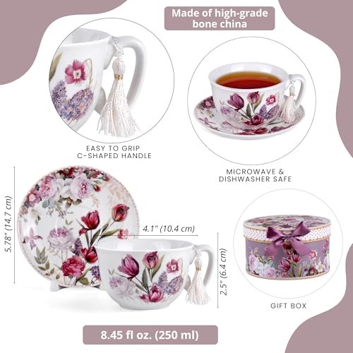 STP GOODS Bone China Tea/Coffee Cup and Saucer in Gift Box Fine Bone China Coffee Cup with Saucer Tea Cup and Saucer Set of One (Flowers 300ml) - Image 2