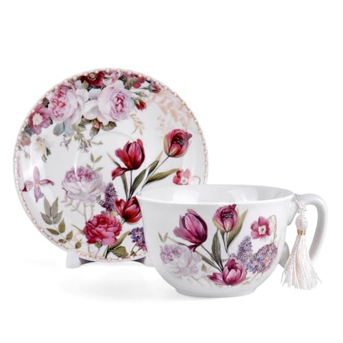 STP GOODS Bone China Tea/Coffee Cup and Saucer in Gift Box Fine Bone China Coffee Cup with Saucer Tea Cup and Saucer Set of One (Flowers 300ml) - Image 5