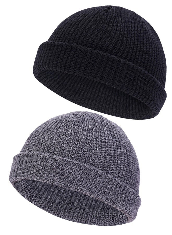 2PCS Wool Short Fisherman Beanie for Men, Soft Knit Cuff Trawler Beanie Caps Winter Warm Hats for Women - Image 1