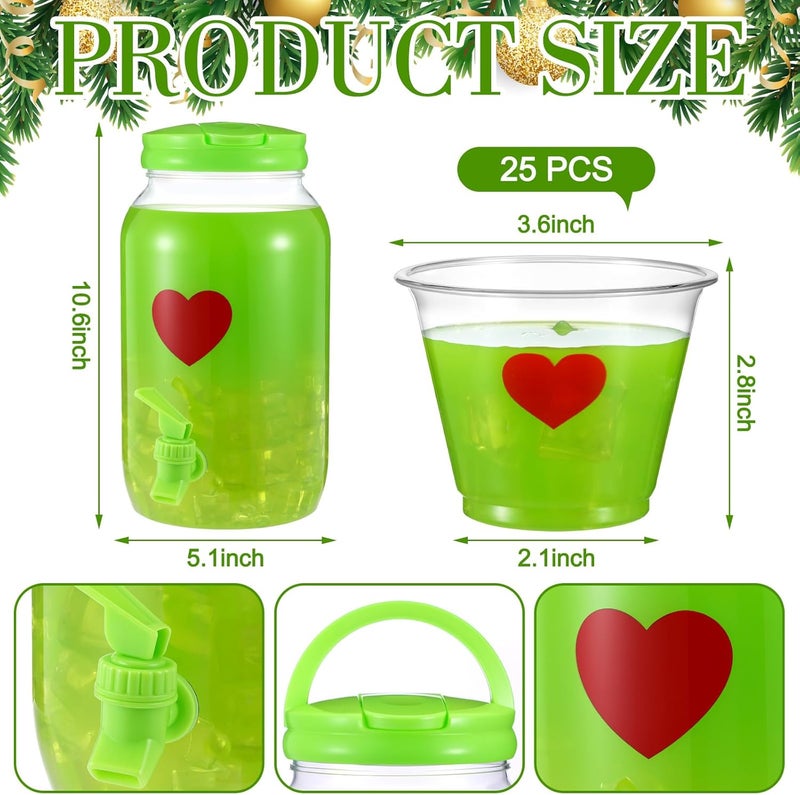 Potchen 1 Gallon Christmas Drink Punch Dispenser & 25 Pcs Red Heart Plastic Cups Lime Green Decoration Xmas Green Plastic Mocktail Dispenser with Spigot for Punch Mocktail Christmas Holiday Party - Image 3