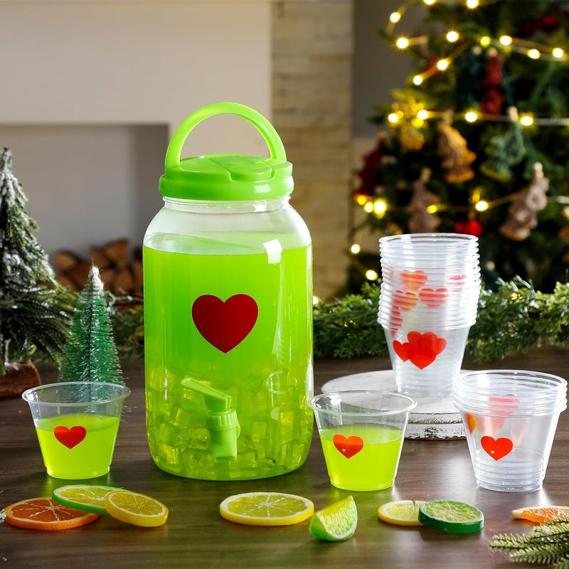 Potchen 1 Gallon Christmas Drink Punch Dispenser & 25 Pcs Red Heart Plastic Cups Lime Green Decoration Xmas Green Plastic Mocktail Dispenser with Spigot for Punch Mocktail Christmas Holiday Party - Image 1