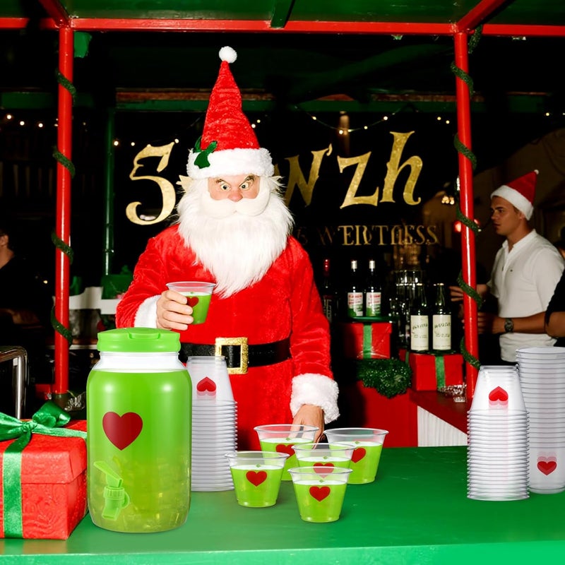 Potchen 1 Gallon Christmas Drink Punch Dispenser & 25 Pcs Red Heart Plastic Cups Lime Green Decoration Xmas Green Plastic Mocktail Dispenser with Spigot for Punch Mocktail Christmas Holiday Party - Image 4