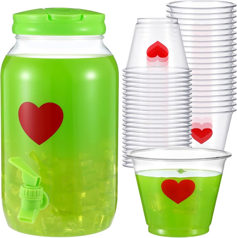 Potchen 1 Gallon Christmas Drink Punch Dispenser & 25 Pcs Red Heart Plastic Cups Lime Green Decoration Xmas Green Plastic Mocktail Dispenser with Spigot for Punch Mocktail Christmas Holiday Party - Image 2