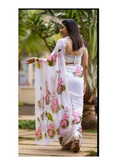 Grab Mantra Linen White Saree With Lotus Print And Thin Golden Border Plus Printed Unstitched Blouse  - Image 4