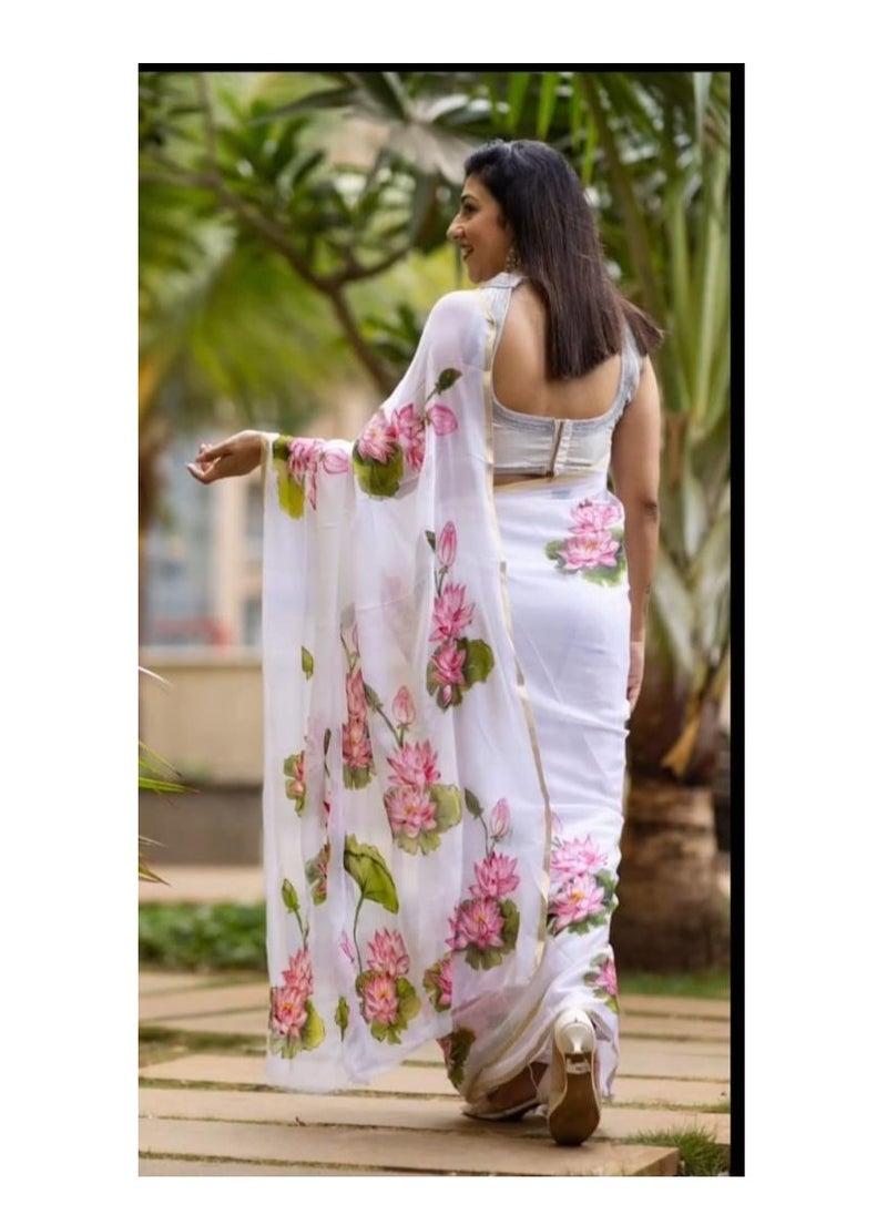 Grab Mantra Linen White Saree With Lotus Print And Thin Golden Border Plus Printed Unstitched Blouse  - Image 4