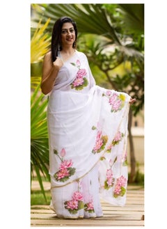 Grab Mantra Linen White Saree With Lotus Print And Thin Golden Border Plus Printed Unstitched Blouse  - Image 5