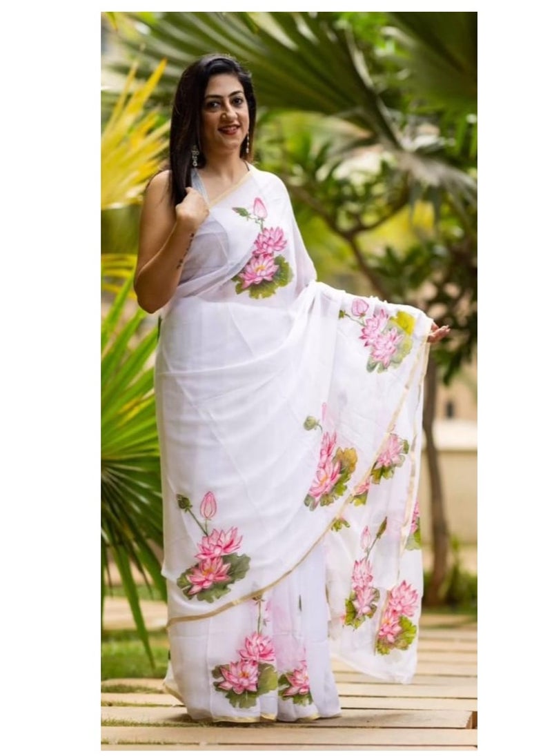 Grab Mantra Linen White Saree With Lotus Print And Thin Golden Border Plus Printed Unstitched Blouse  - Image 5