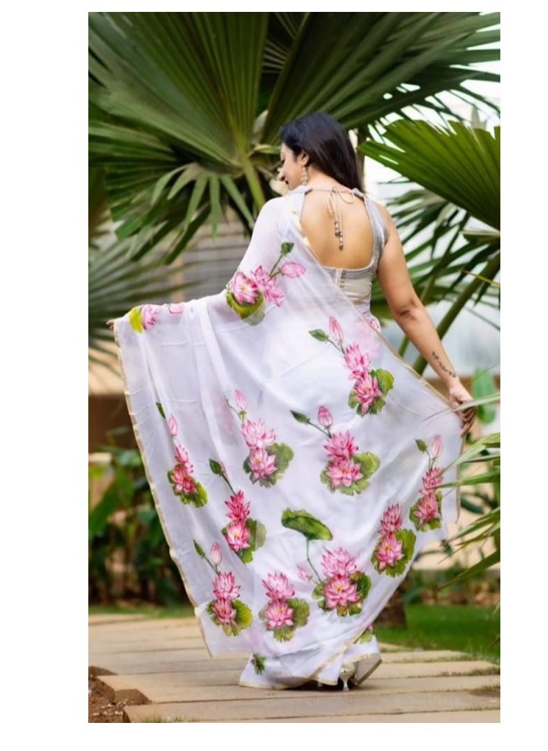 Linen White Saree With Lotus Print And Thin Golden Border Plus Printed Unstitched Blouse