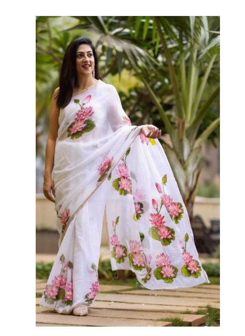 Linen White Saree With Lotus Print And Thin Golden Border Plus Printed Unstitched Blouse
