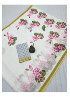 Grab Mantra Linen White Saree With Lotus Print And Thin Golden Border Plus Printed Unstitched Blouse  - Image 2