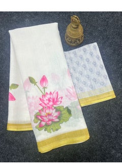 Grab Mantra Linen White Saree With Lotus Print And Thin Golden Border Plus Printed Unstitched Blouse  - Image 3