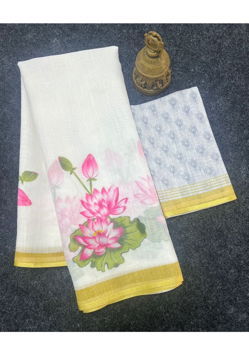 Grab Mantra Linen White Saree With Lotus Print And Thin Golden Border Plus Printed Unstitched Blouse  - Image 3