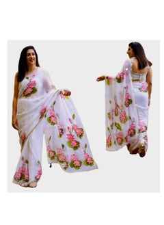 Grab Mantra Linen White Saree With Lotus Print And Thin Golden Border Plus Printed Unstitched Blouse  - Image 1