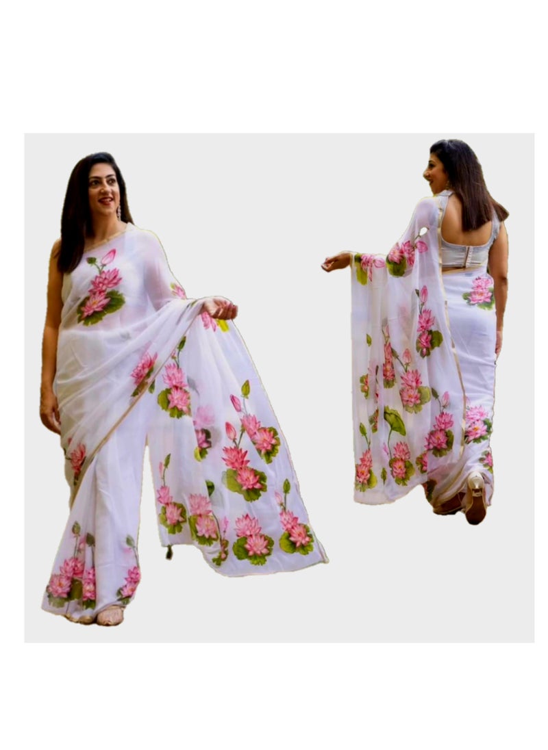 Grab Mantra Linen White Saree With Lotus Print And Thin Golden Border Plus Printed Unstitched Blouse  - Image 1