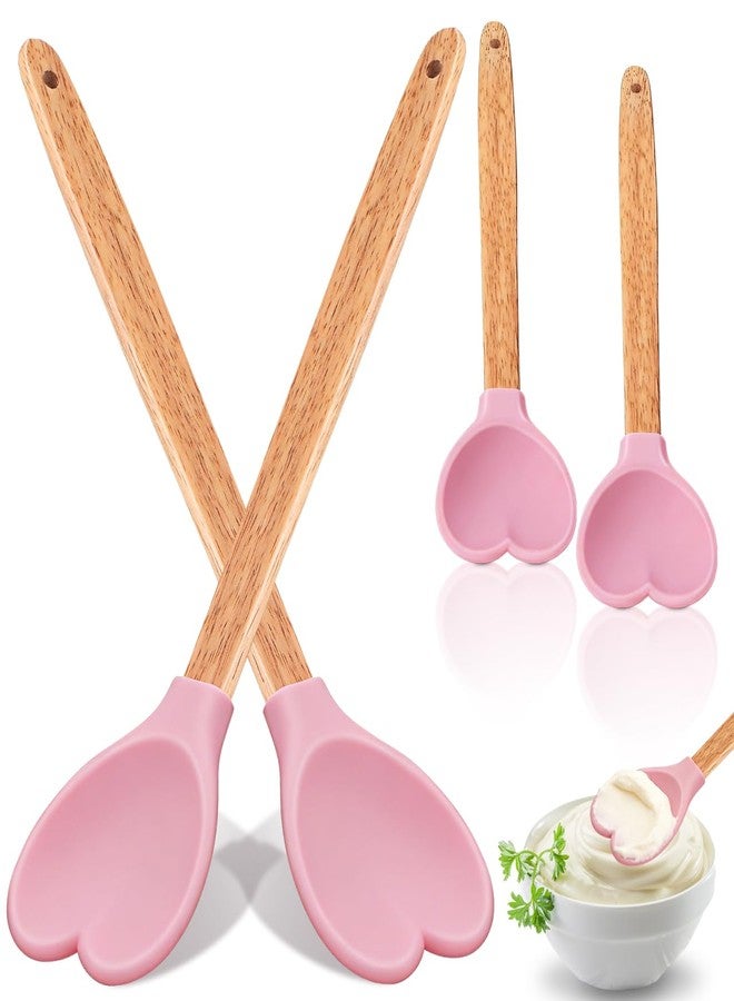 JECOMPRIS 4 Pcs Pink Silicone Spatula: Heart Shaped Cooking Utensils for Home Bakers - Wooden Handle Spoon for Mixing Stirring Scraping (10.94 Inch) - Image 1
