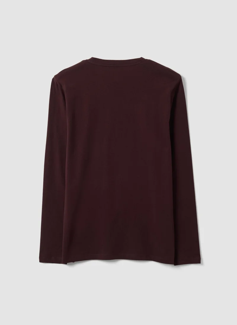 Ovs OVS Brown Long-Sleeved Pure Organic Cotton Crew-Neck T-Shirt