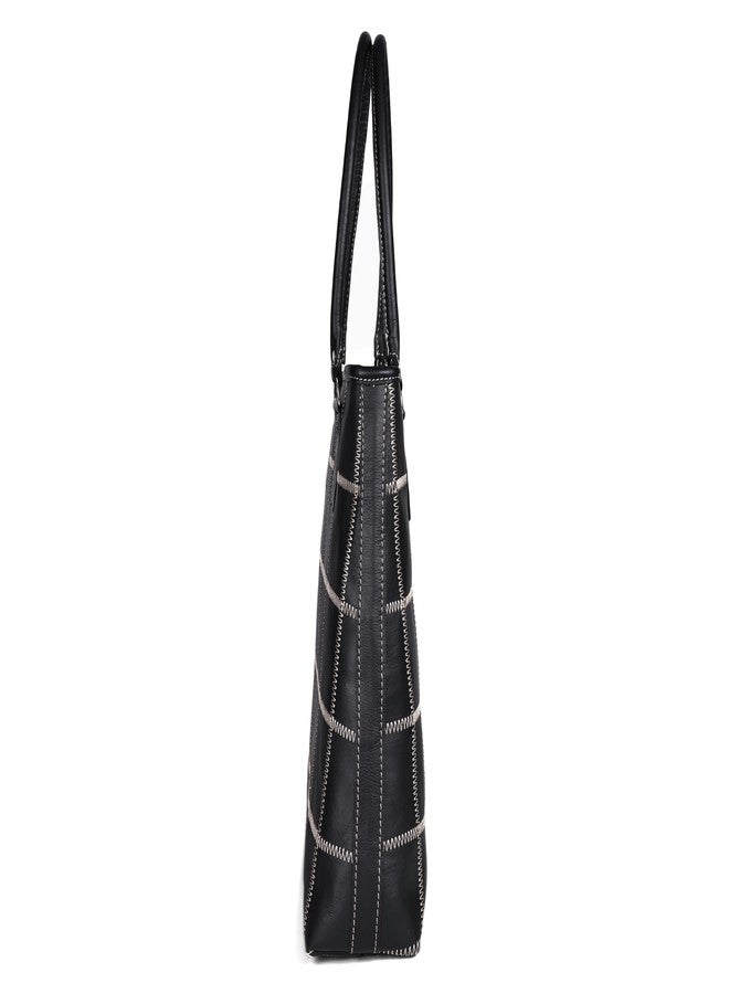 Celtic Women Black Leather Tote Bag with Contrast Stitch Grid and Spacious Interior - Image 5