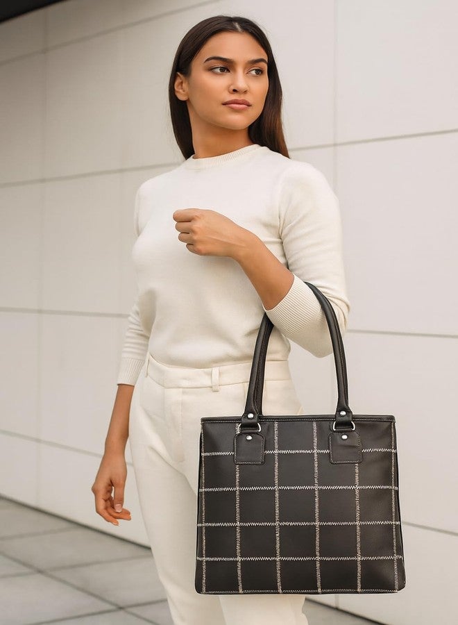 Celtic Women Black Leather Tote Bag with Contrast Stitch Grid and Spacious Interior - Image 3