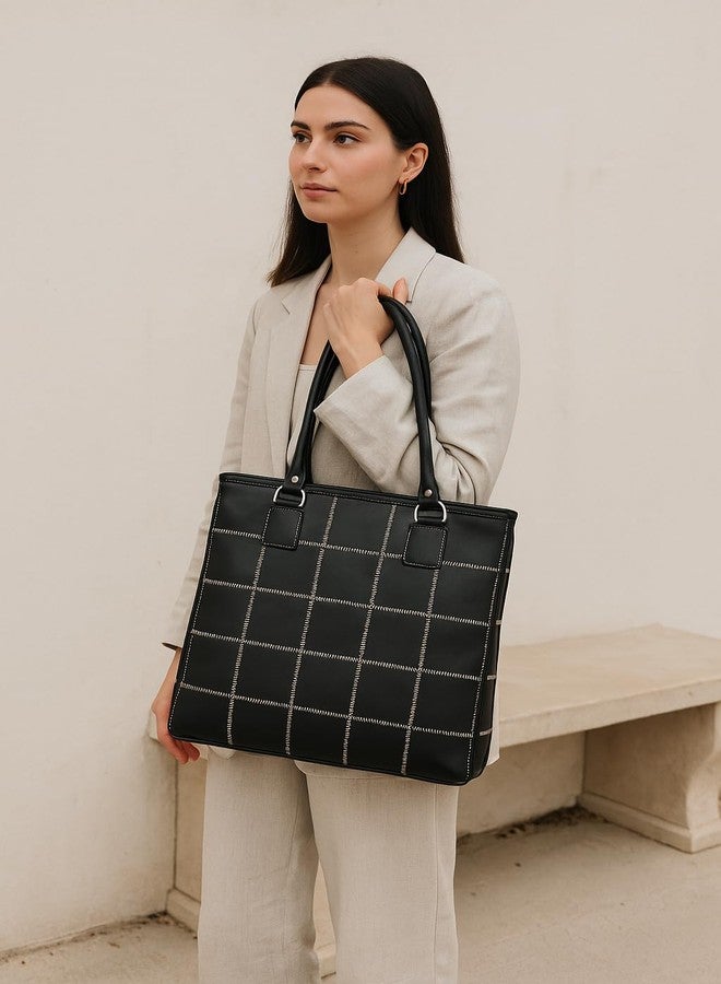 Celtic Women Black Leather Tote Bag with Contrast Stitch Grid and Spacious Interior - Image 2