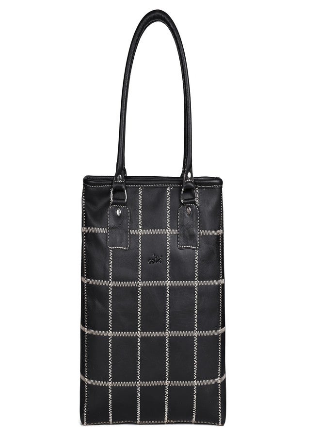 Celtic Women Black Leather Tote Bag with Contrast Stitch Grid and Spacious Interior - Image 1