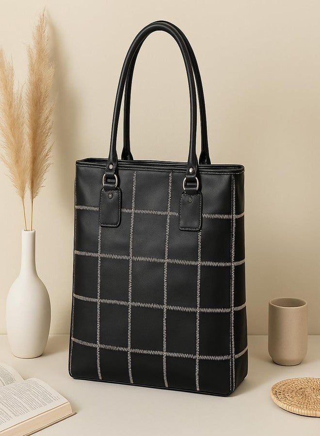 Celtic Women Black Leather Tote Bag with Contrast Stitch Grid and Spacious Interior - Image 4