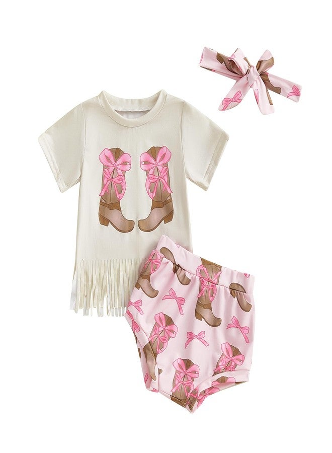 Owl's-Yard Infant Baby Girl Western Outfit Cow/Boot Short Sleeve Tassel T-shirts with Elastic Waist Shorts Tie-up Headband (A-Pink, 12-18 Months) - Image 1
