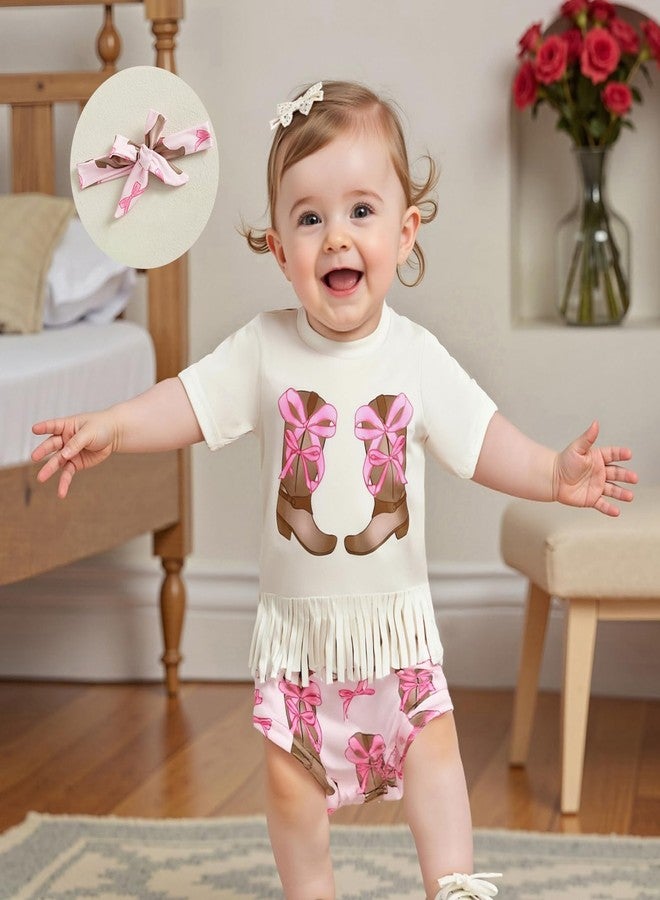 Owl's-Yard Infant Baby Girl Western Outfit Cow/Boot Short Sleeve Tassel T-shirts with Elastic Waist Shorts Tie-up Headband (A-Pink, 12-18 Months) - Image 4