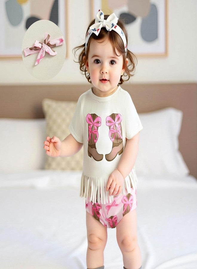 Owl's-Yard Infant Baby Girl Western Outfit Cow/Boot Short Sleeve Tassel T-shirts with Elastic Waist Shorts Tie-up Headband (A-Pink, 12-18 Months) - Image 5