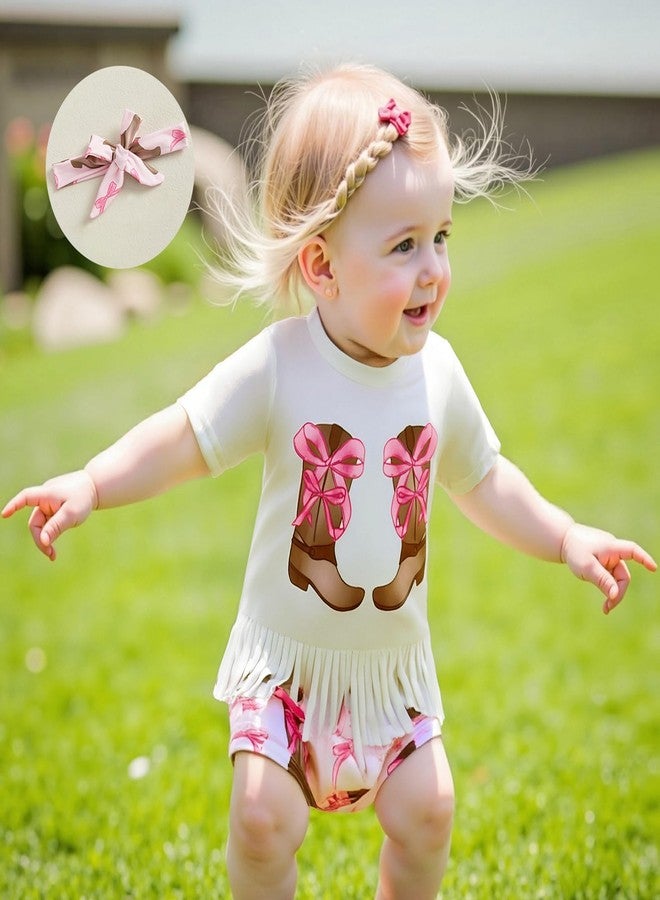 Owl's-Yard Infant Baby Girl Western Outfit Cow/Boot Short Sleeve Tassel T-shirts with Elastic Waist Shorts Tie-up Headband (A-Pink, 12-18 Months) - Image 3
