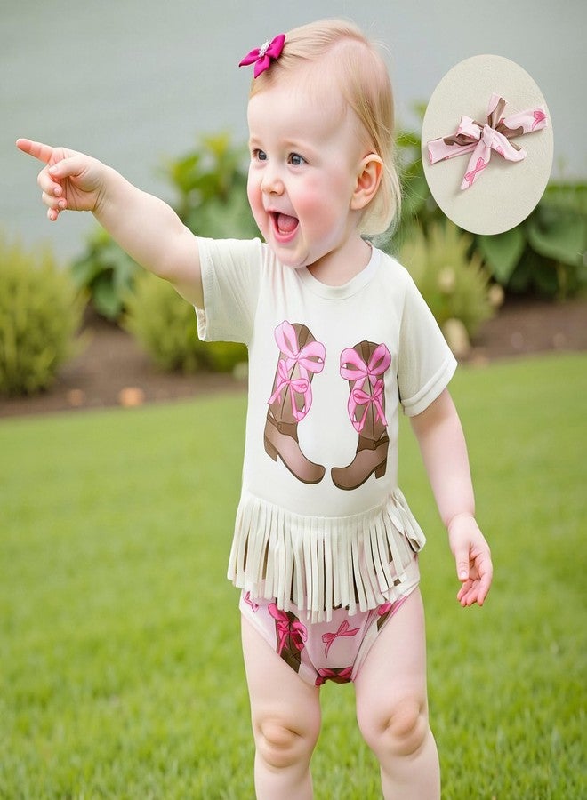Owl's-Yard Infant Baby Girl Western Outfit Cow/Boot Short Sleeve Tassel T-shirts with Elastic Waist Shorts Tie-up Headband (A-Pink, 12-18 Months) - Image 2