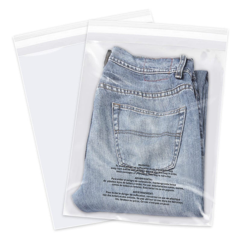 iMailer - 200 Count - 13" x 15" Clear Plastic Poly Bags with Suffocation Warning for Clothing, T-Shirts, Pants-Resealable Adhesive,Not Strong