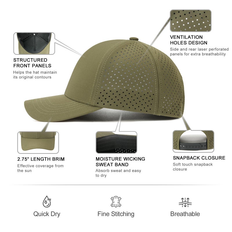 VOBOOM Men Quick Dry Baseball Cap Laser Cut Mesh Ball Curved Brim Snapback Hat (Army Green) - Image 5