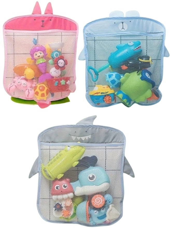 منظم شبكي لتخزين الألعاب مكون من 3 قطع مع 6 خطافات لاصقة وأكواب شفط قوية يُشجع الأطفال على التنظيم لتخزين أدوات الحمام، مستلزمات الغرف أو الإكسسوارات 39 × 35 سم (رمادى - وردى - أزرق) - Image 1