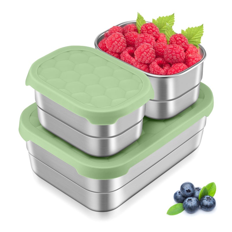 Leonyo 18/10 Stainless Steel Lunch Containers for Kids, Leak Proof Food Snack Containers with Silicone Lids, Metal Toddler Bento Box for School Daycare Picnic, Non-Toxic, Green(25oz+8oz*2) - Image 1