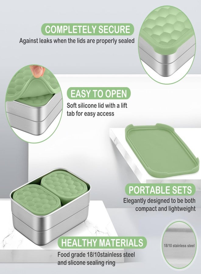 Leonyo 18/10 Stainless Steel Lunch Containers for Kids, Leak Proof Food Snack Containers with Silicone Lids, Metal Toddler Bento Box for School Daycare Picnic, Non-Toxic, Green(25oz+8oz*2) - Image 3