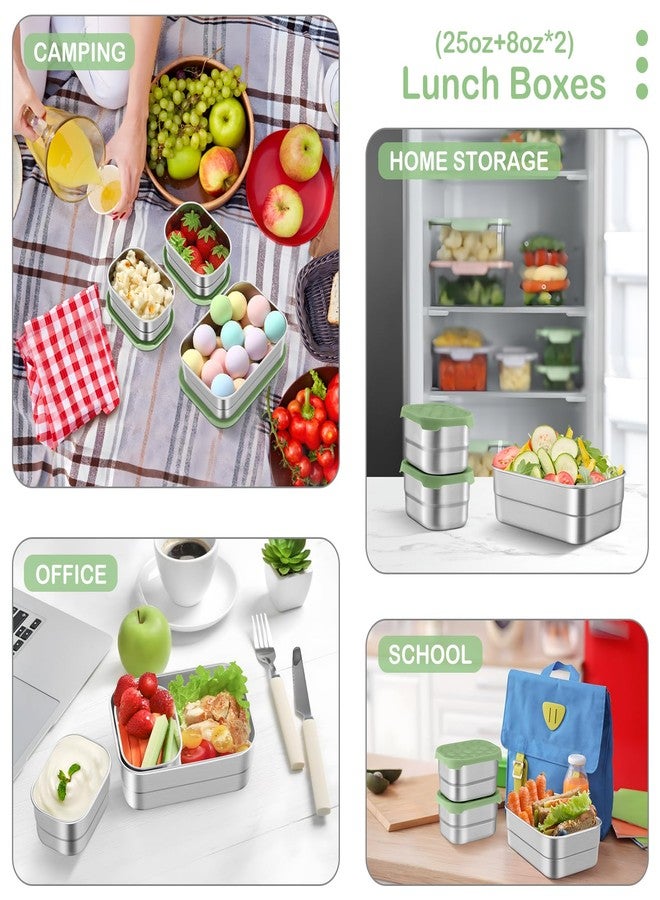 Leonyo 18/10 Stainless Steel Lunch Containers for Kids, Leak Proof Food Snack Containers with Silicone Lids, Metal Toddler Bento Box for School Daycare Picnic, Non-Toxic, Green(25oz+8oz*2) - Image 5