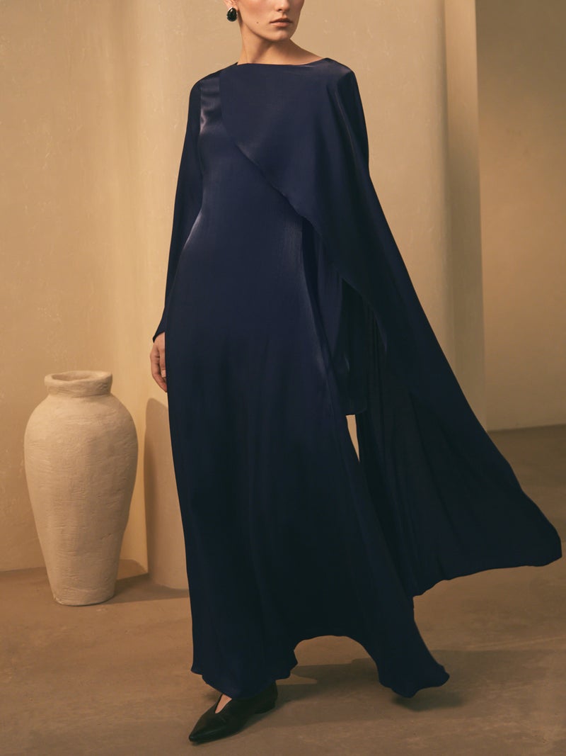Lichi Textured maxi dress with one shoulder cape - Image 1
