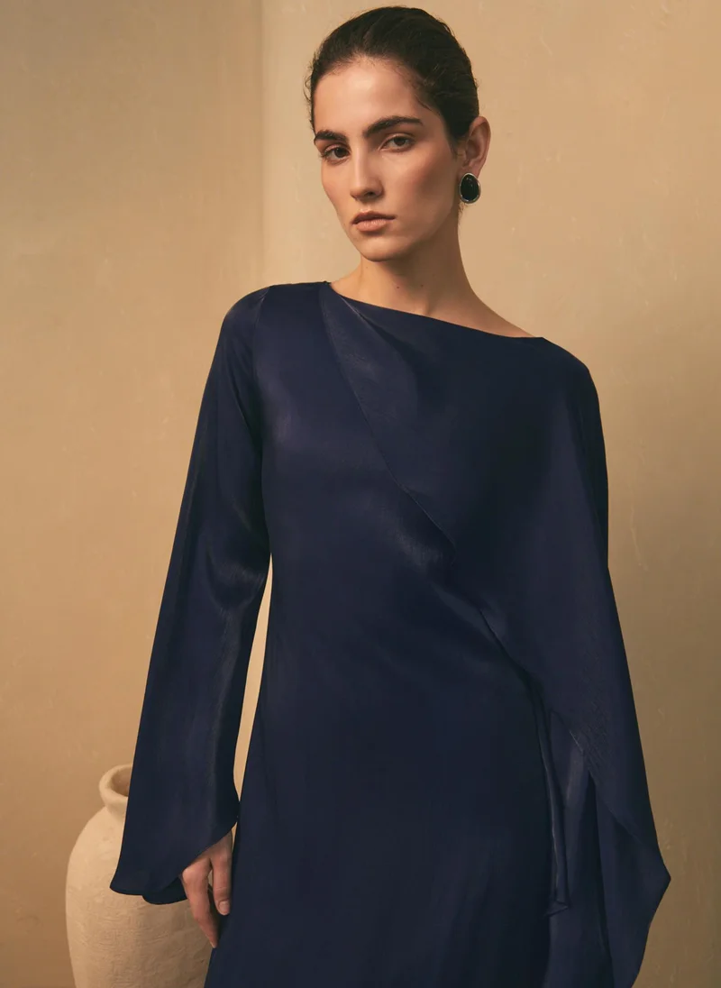 Lichi  Textured maxi dress with one shoulder cape for Women | Best Price UAE
