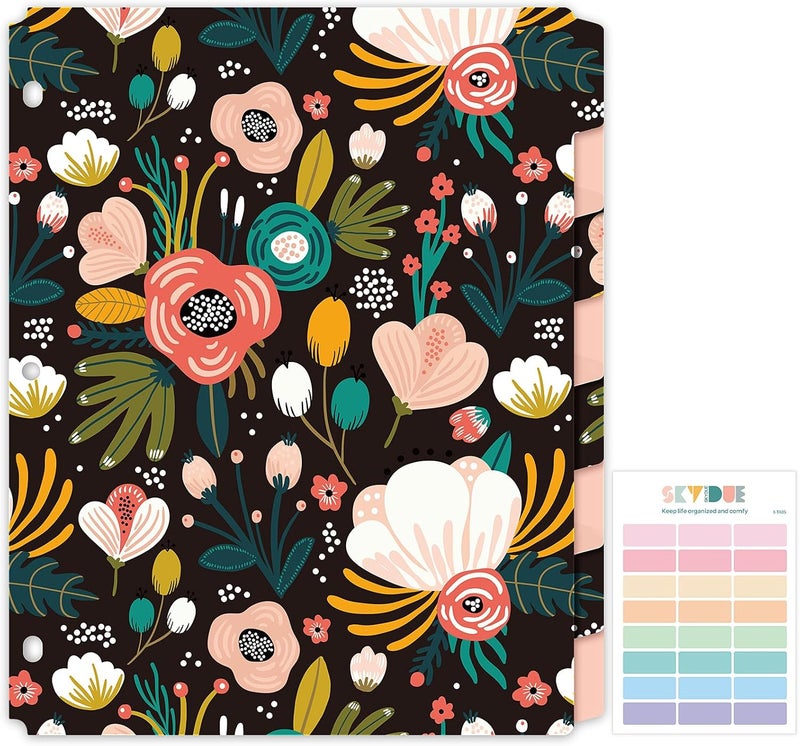 Skydue 8 Tab Binder Dividers with Tabs, Thick Plastic Dividers for 3 Ring Binder, Letter Size, Tear-Resistant File Organizers, BlackFloral - Image 1