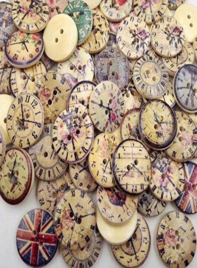 LASSUM 50 Pcs Vintage Style Mixed Patterns Clock 2 Holes Wooden Buttons Sewing Accessories Decorative Buttons 20mm - Image 2