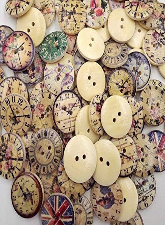 LASSUM 50 Pcs Vintage Style Mixed Patterns Clock 2 Holes Wooden Buttons Sewing Accessories Decorative Buttons 20mm - Image 3