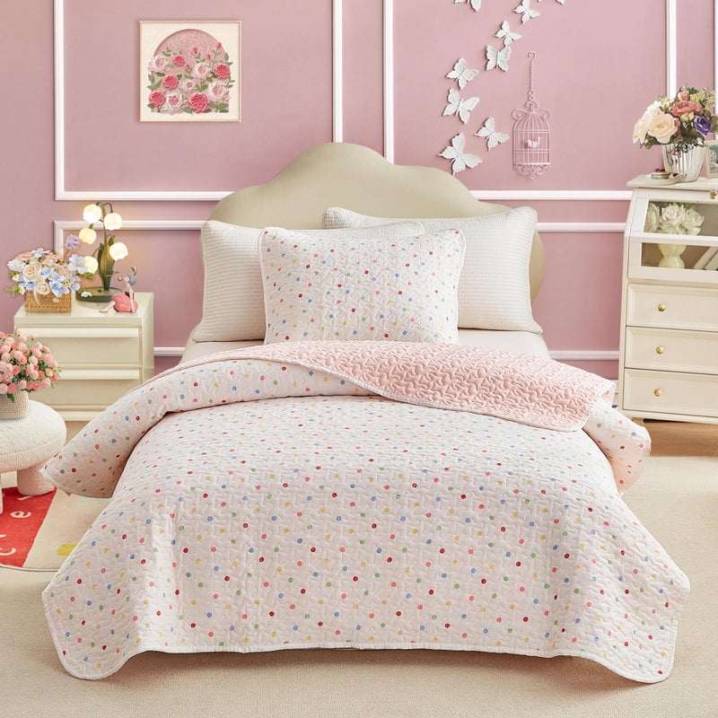 Joyreap Twin Size Quilt Set for Girls, Colorful Polka Dots White n Pink Design, 2pcs Soft n Cozy Microfiber Quilt, Bedspread Bed Cover for All Season- 68x88 inches - Image 1