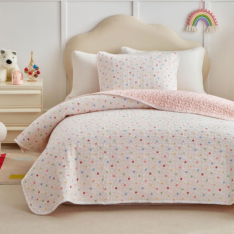 Joyreap Twin Size Quilt Set for Girls, Colorful Polka Dots White n Pink Design, 2pcs Soft n Cozy Microfiber Quilt, Bedspread Bed Cover for All Season- 68x88 inches - Image 3