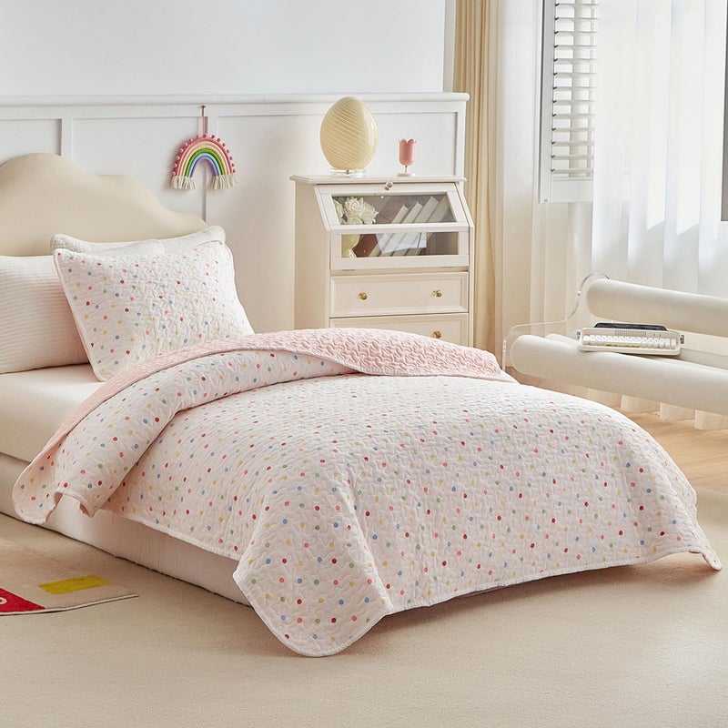 Joyreap Twin Size Quilt Set for Girls, Colorful Polka Dots White n Pink Design, 2pcs Soft n Cozy Microfiber Quilt, Bedspread Bed Cover for All Season- 68x88 inches - Image 2