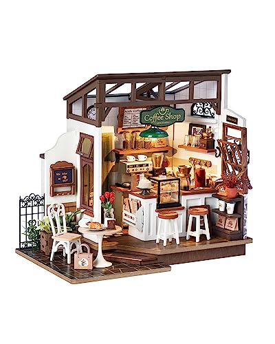 Rowood Coffee Miniature House Kit DIY Miniature Dollhouse Kits Gifts for Adults to Build Wooden Adults Crafts Mini Model Kits with LED Birthday for AdultNO17 Cafe - Image 1