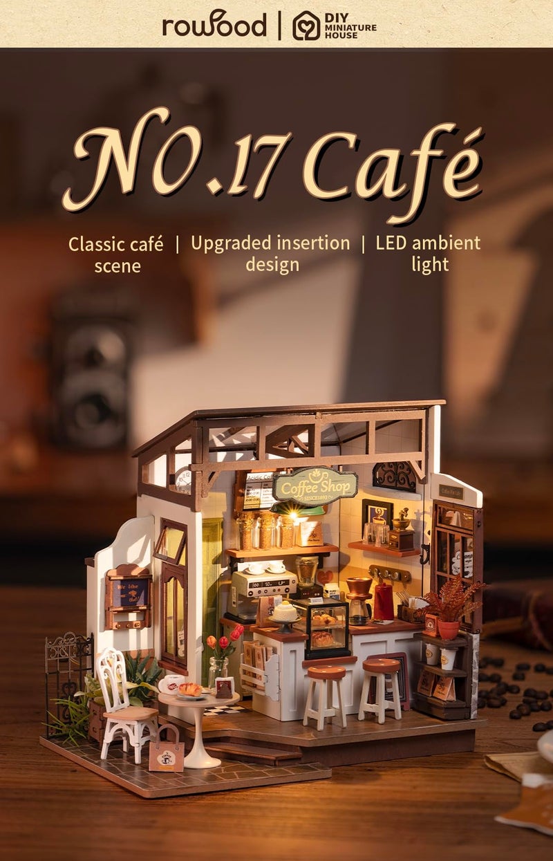 Rowood Coffee Miniature House Kit DIY Miniature Dollhouse Kits Gifts for Adults to Build Wooden Adults Crafts Mini Model Kits with LED Birthday for AdultNO17 Cafe - Image 3