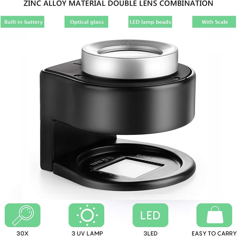 Amoper 30X Coin Magnifier, USB Rechargeable 6 Lights Portable Metal Eye Loupe Sewing Magnifying Glass for Textile Optical Jewelry Tool Coins Currency Stamps (Black) - Image 2